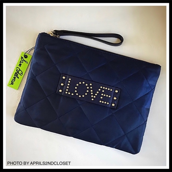 SAM EDELMAN CLUTCH OVERSIZED WRISTLET EMBELLISHED LOVE METAL STUDS - Picture 2 of 8